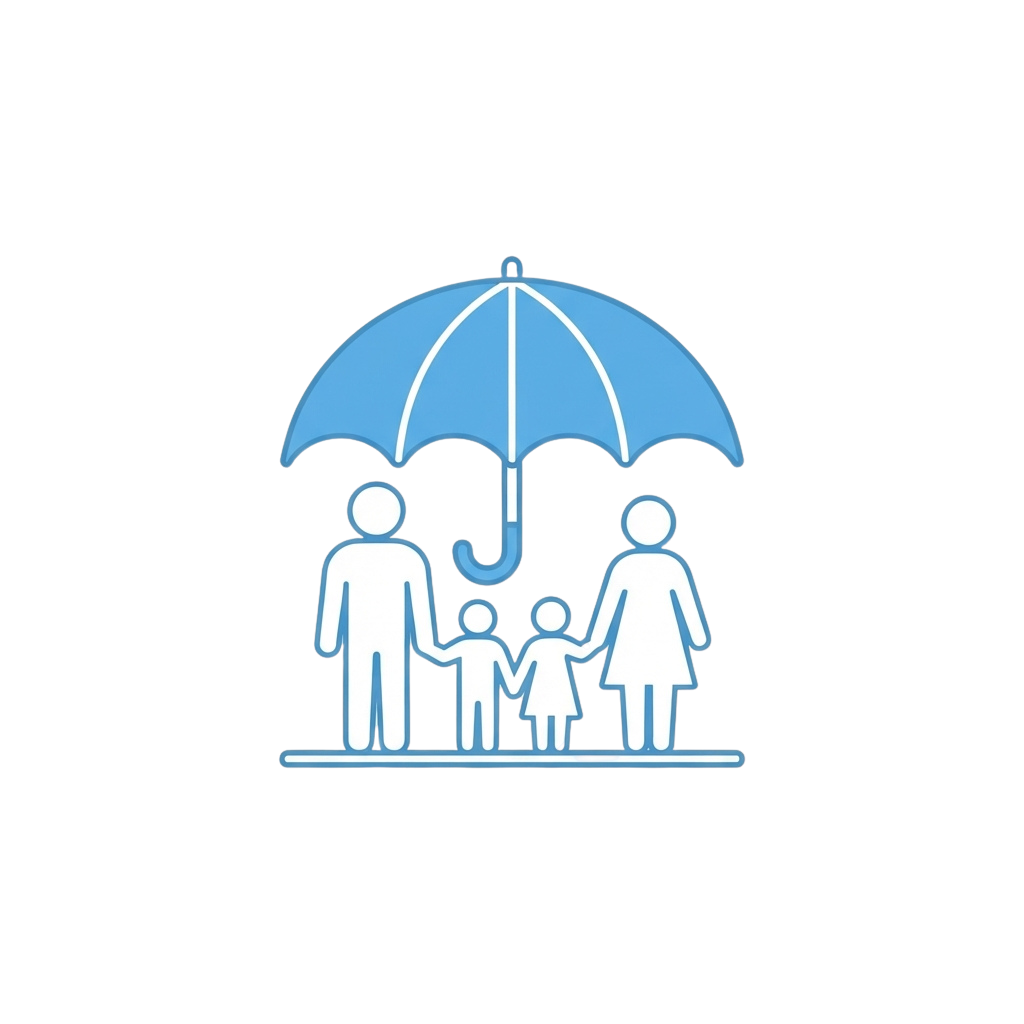 A family of four standing under a blue umbrella symbolizing protection and safety