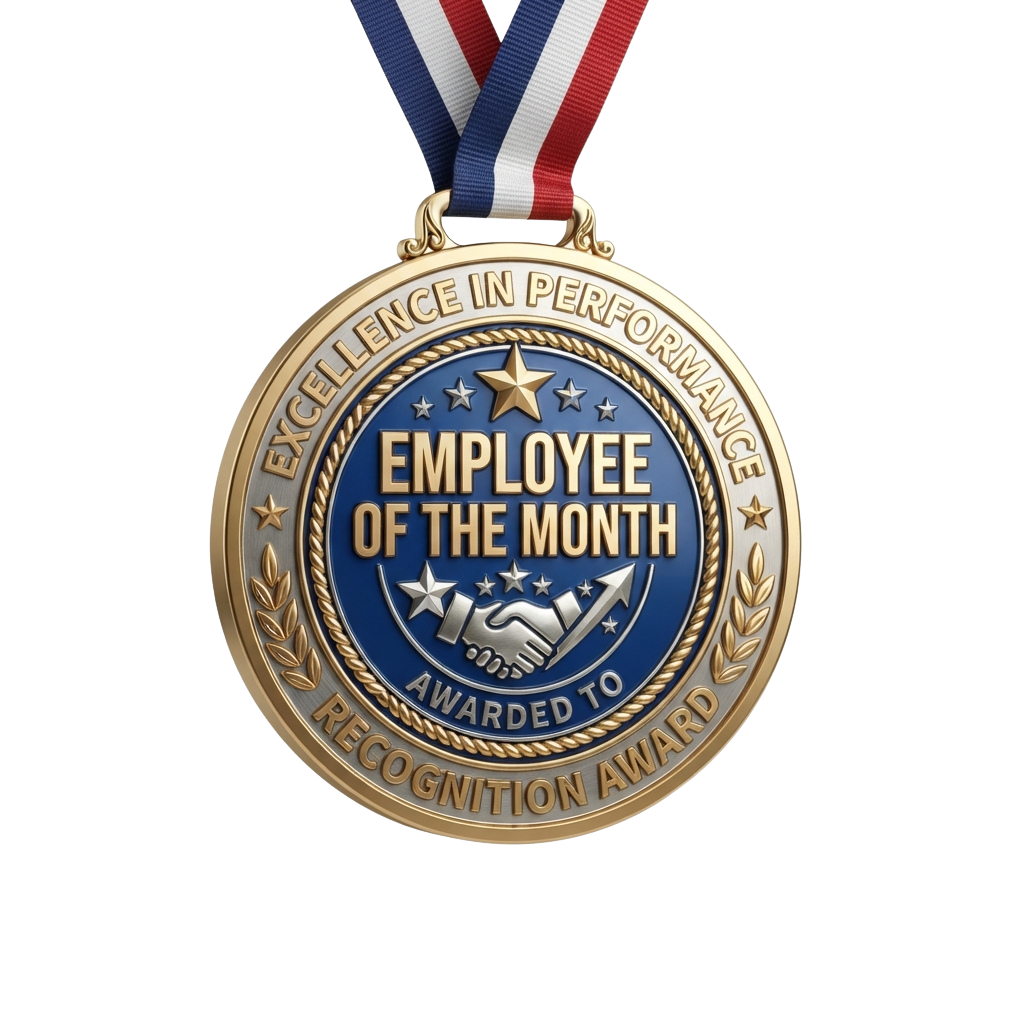 Gold medal with blue center reading Employee of the Month and handshake icon, awarded for excellence in performance