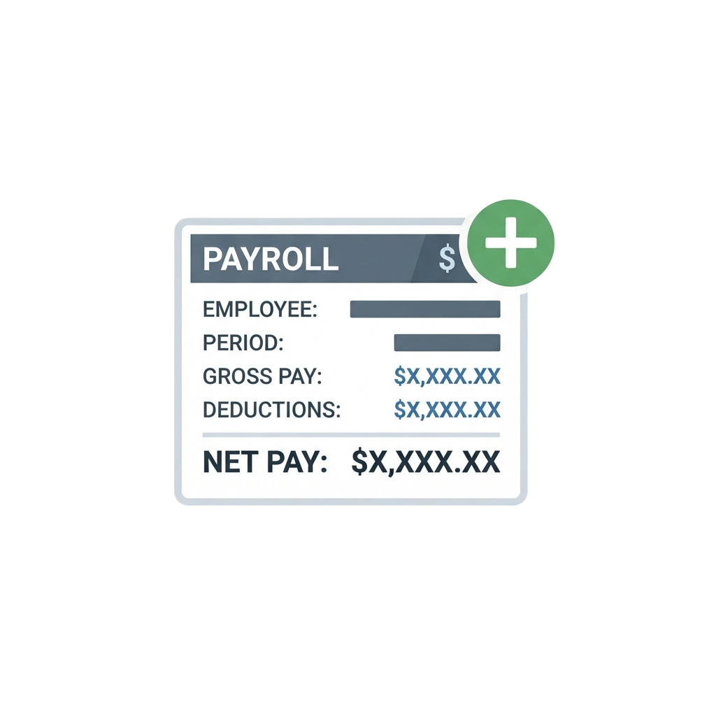 Payroll summary card displaying gross pay, deductions, and net pay fields with dollar amounts