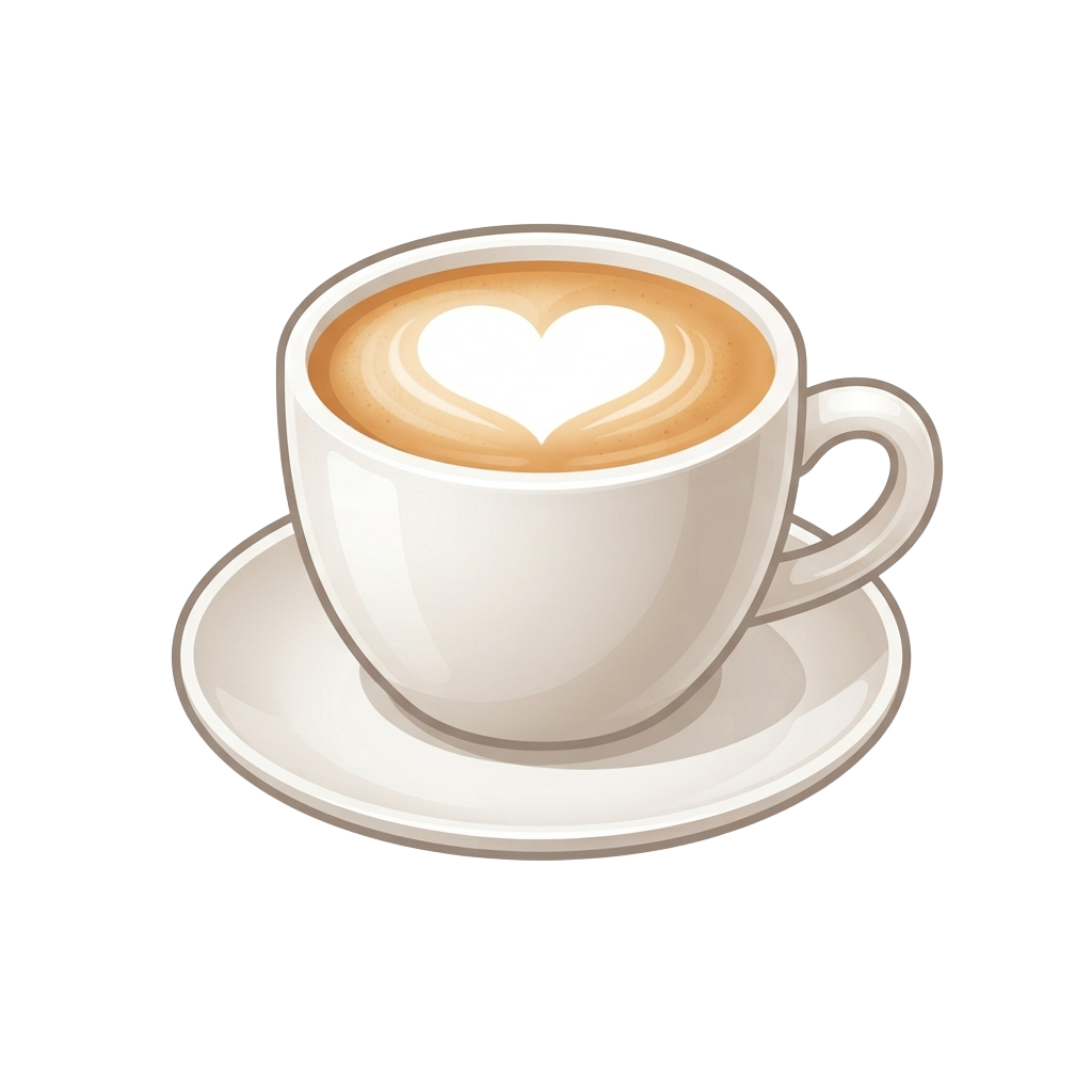 A white ceramic coffee cup with latte art forming a heart shape on top, placed on a matching saucer