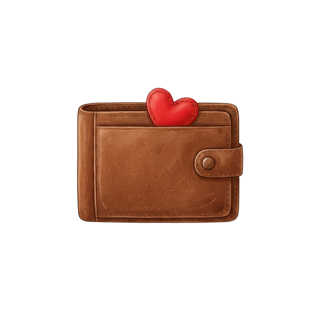 A brown leather wallet featuring a red heart-shaped clip on the top edge