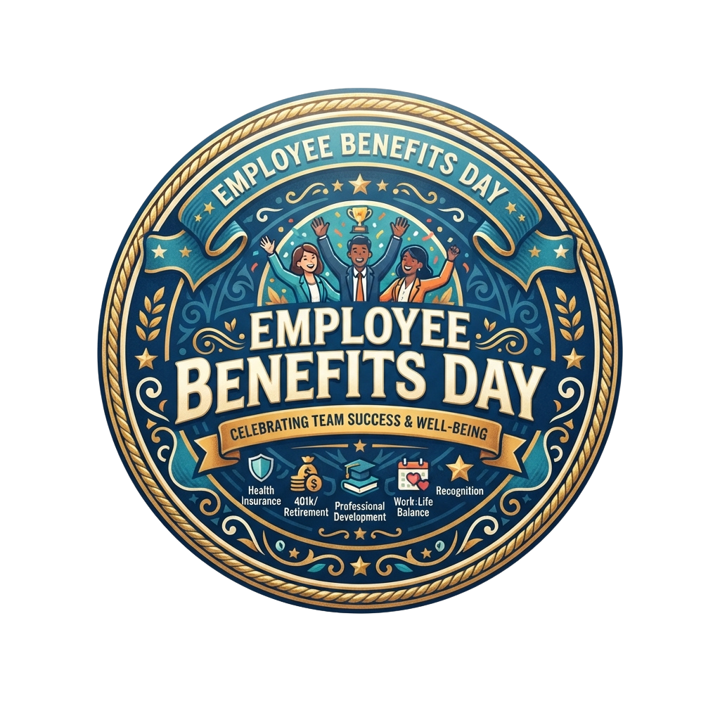 Illustrated badge celebrating Employee Benefits Day with icons for health insurance, retirement, development, balance, and recognition