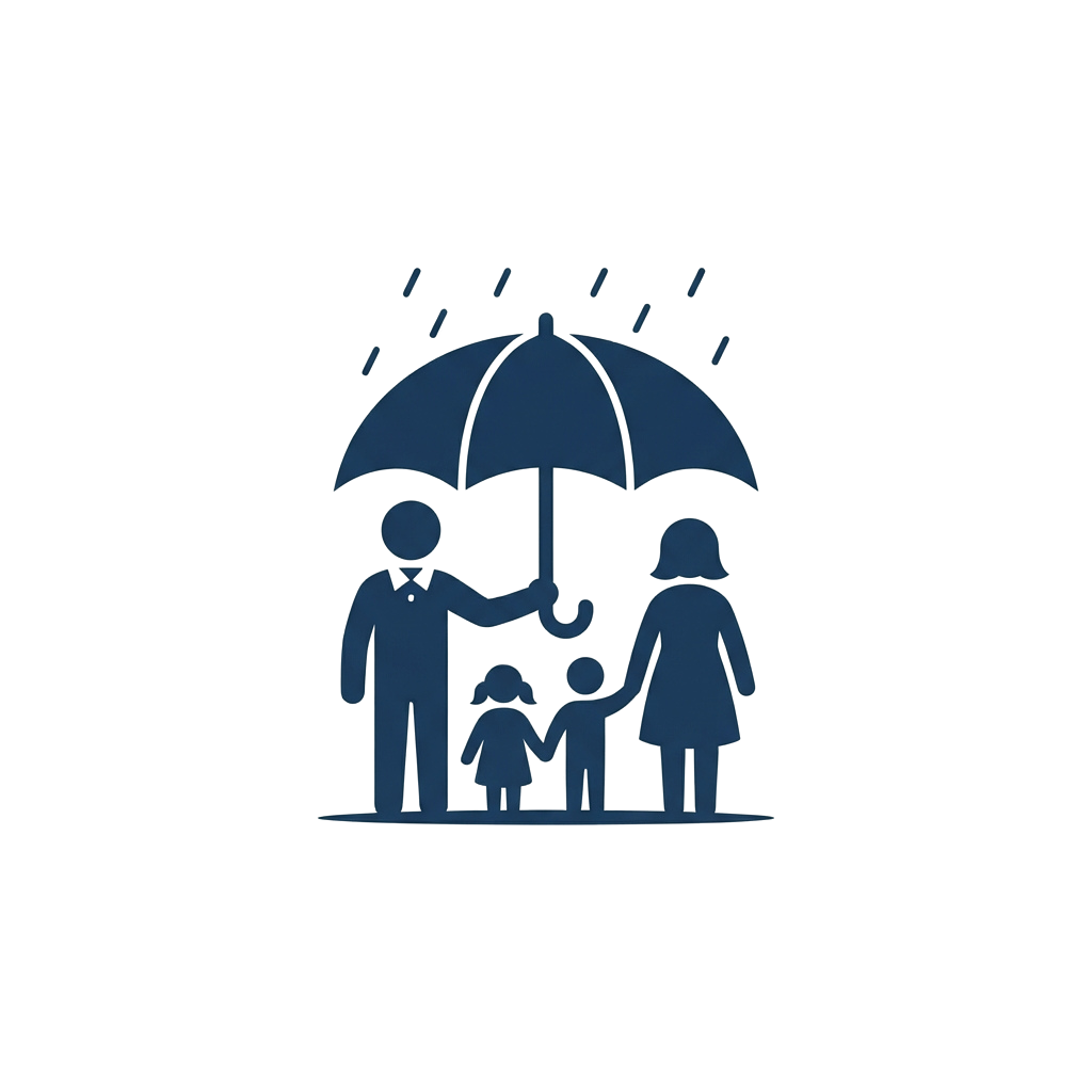 Four figures including two adults and two children standing under a large umbrella in the rain