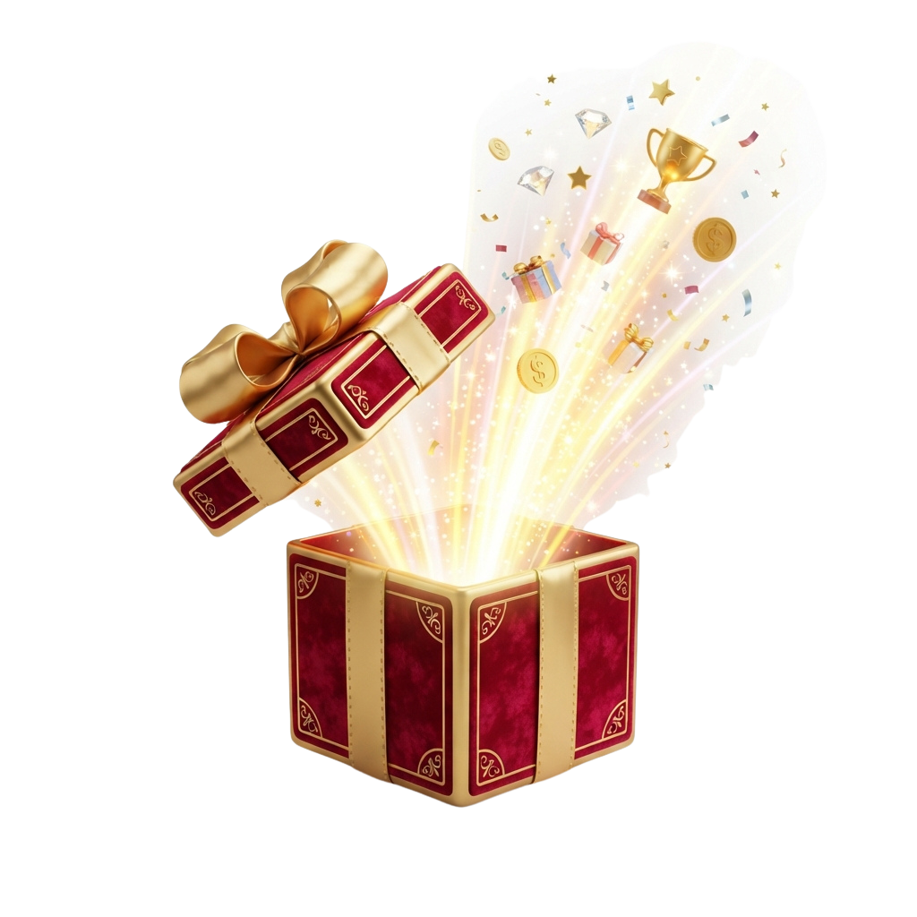 A gift box opening to reveal a heart filled with celebration icons like trophies, coins, stars, and presents.