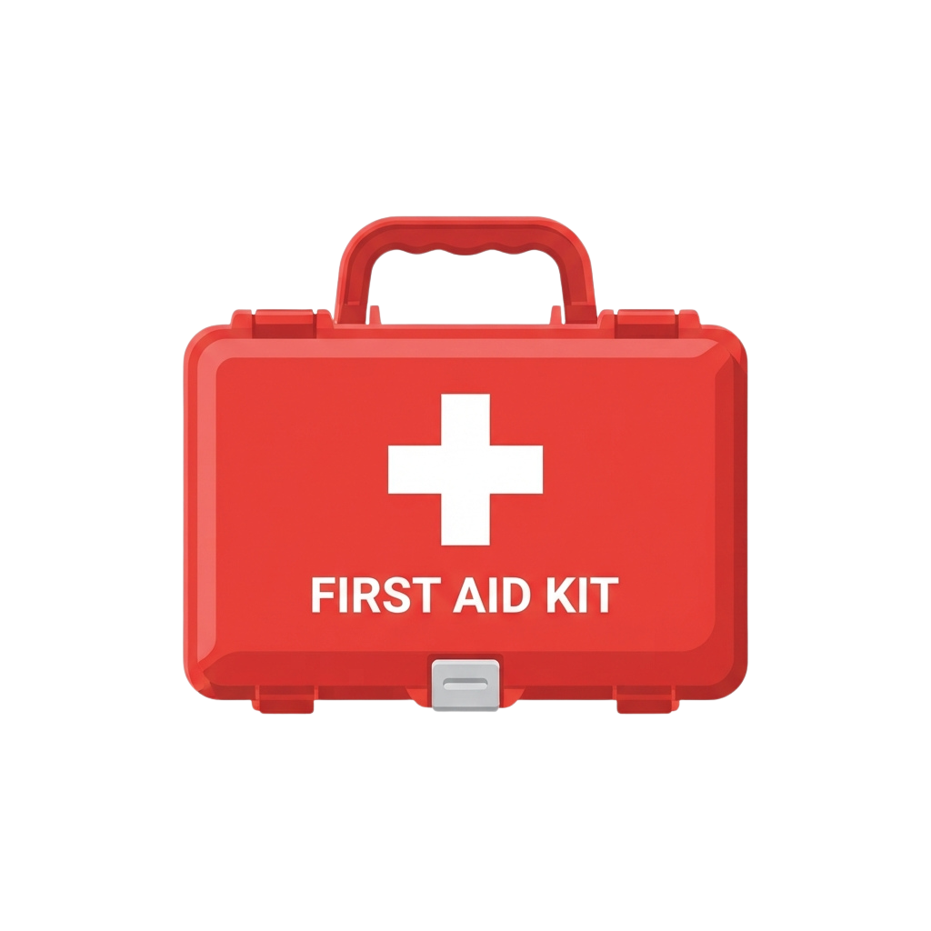 Red first aid kit box featuring a large white cross symbol and text reading First Aid Kit