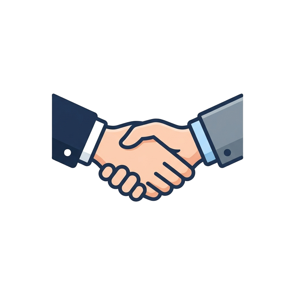 Two people in business suits shaking hands in a professional handshake
