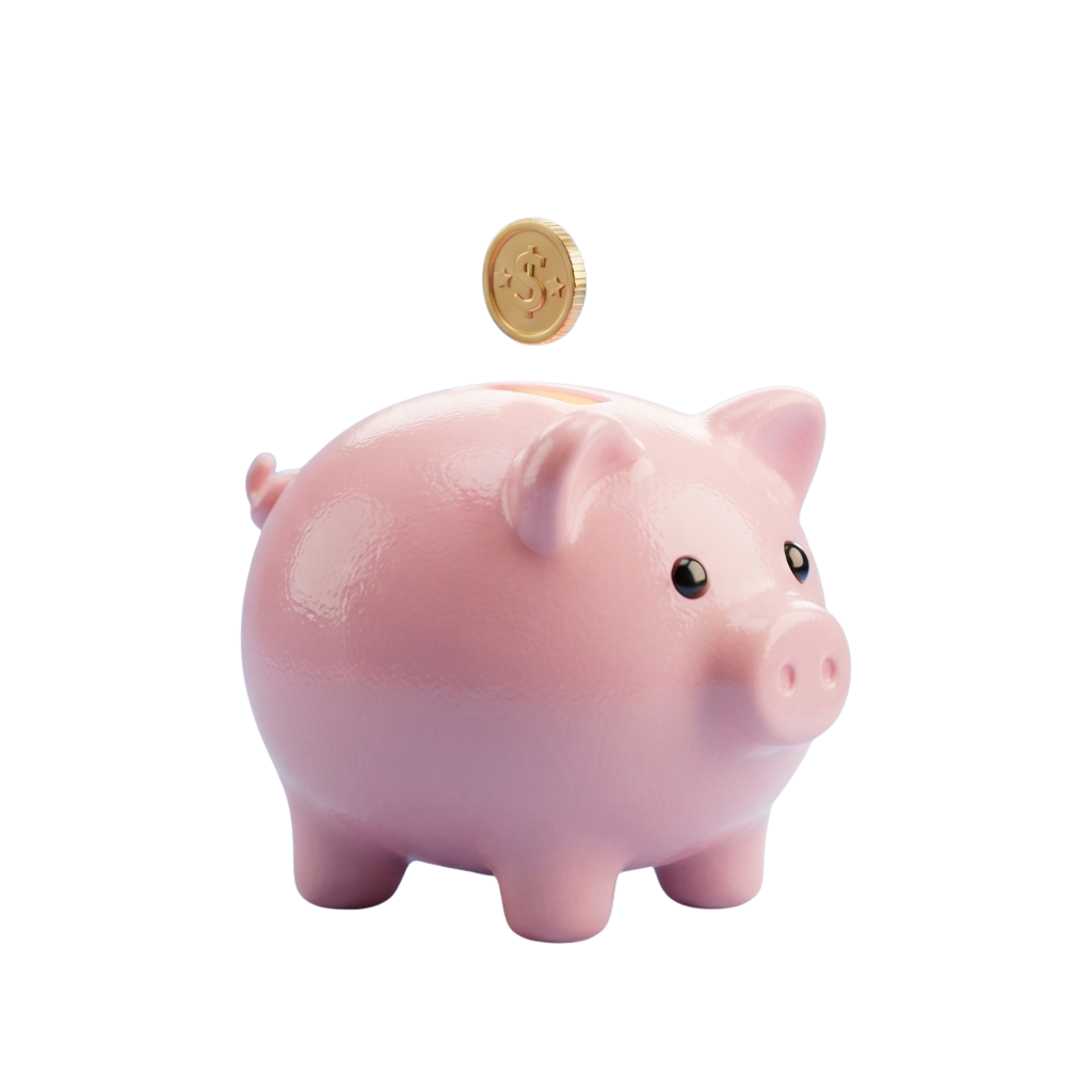 A pink piggy bank with a coin slot on its back, catching a gold coin in mid-air
