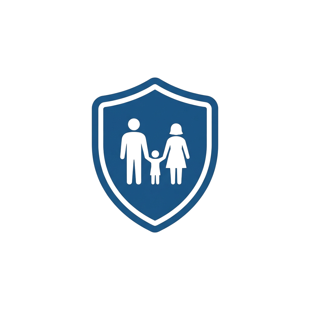 A blue shield with silhouettes of a man, woman, and child holding hands inside it