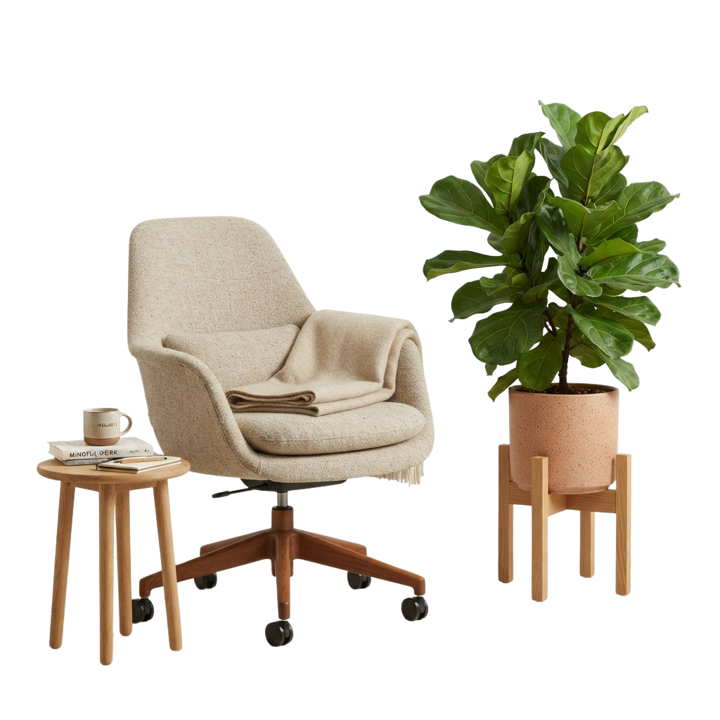 Modern beige office chair with a side table holding a book and mug, paired with a potted fiddle leaf fig plant on a wooden stand