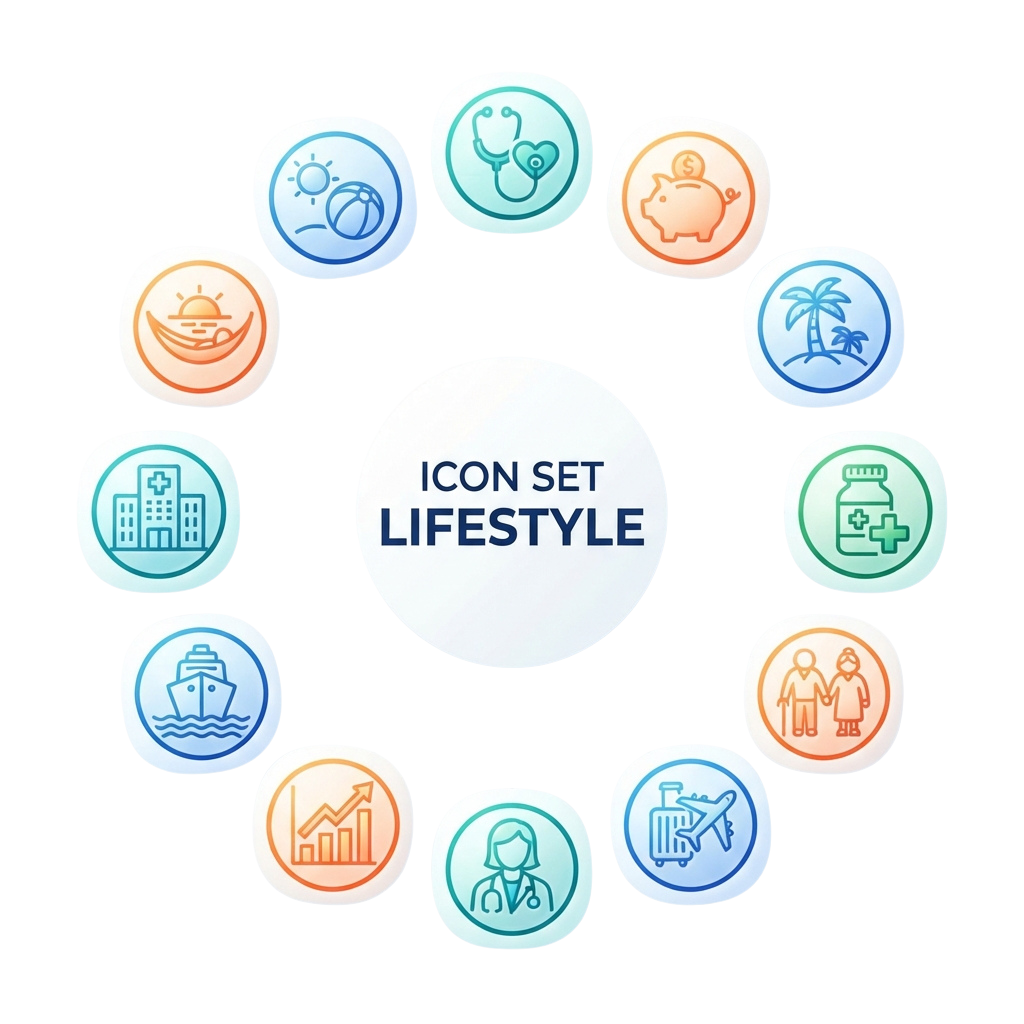 Circular arrangement of twelve lifestyle-themed icons including health, travel, finance, and relationships