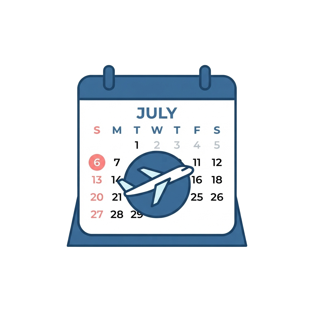 July calendar page featuring an airplane icon on the 11th, indicating a travel date.
