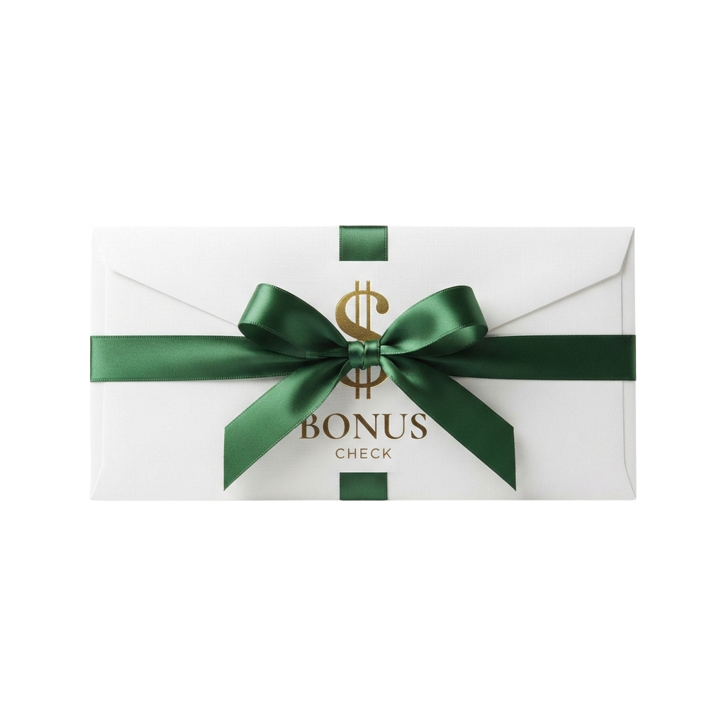A white gift package labeled Bonus Check tied with a green satin ribbon bow and featuring a dollar sign emblem