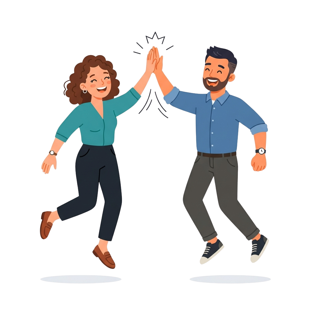 Two smiling people giving each other a high five, celebrating together in a joyful manner