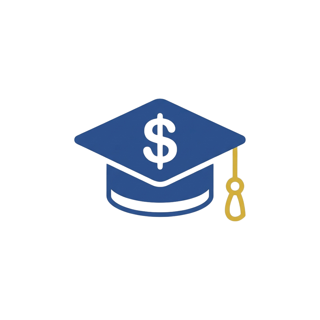 Blue graduation cap with a dollar sign symbol on top and a yellow tassel hanging down