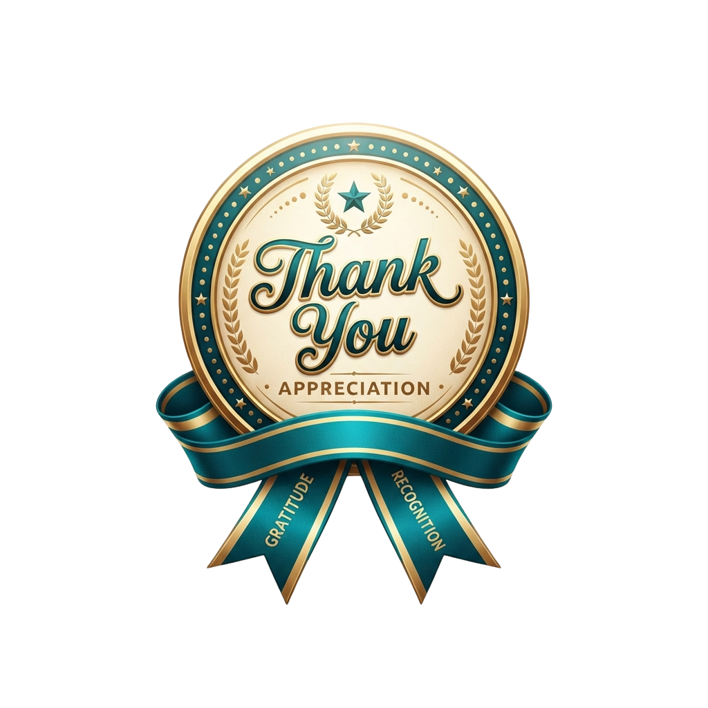 Decorative thank you appreciation ribbon badge with gold and blue colors, featuring laurel wreaths and stars