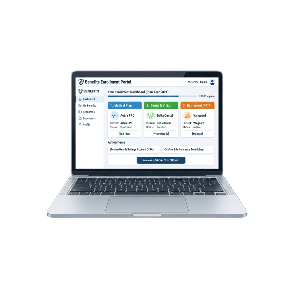 Laptop displaying a benefits enrollment dashboard with medical, dental, and retirement plan options