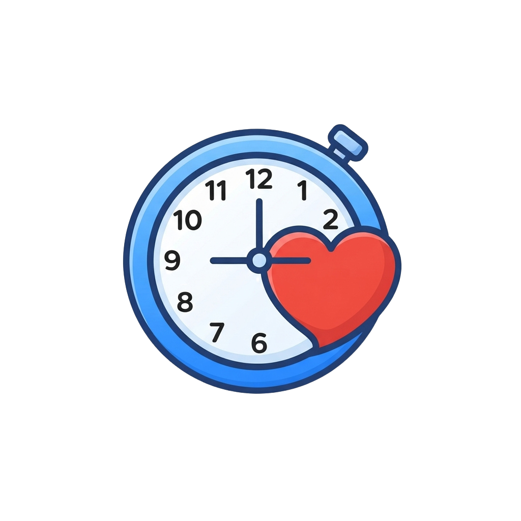 A blue stopwatch with a red heart replacing the lower right section of the clock face