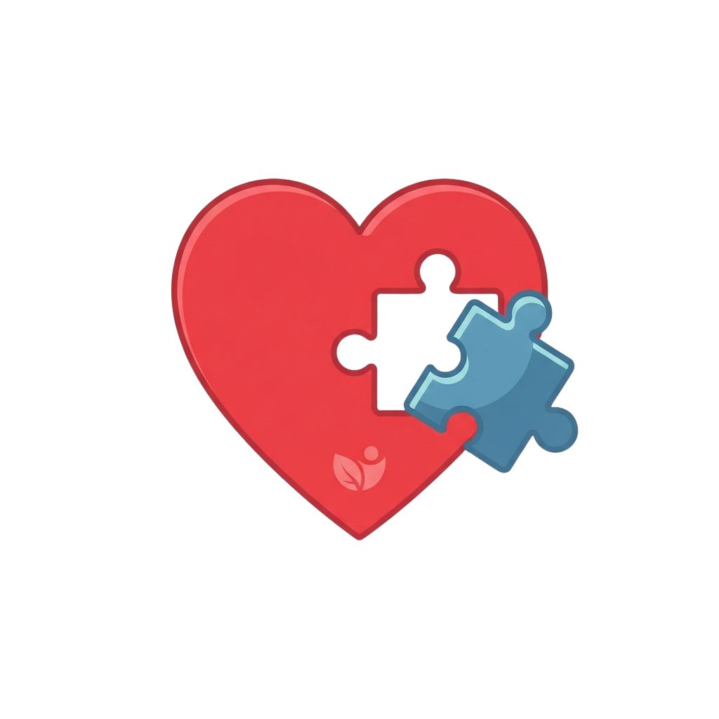A red heart with a blue puzzle piece fitting into it, symbolizing love and relationships