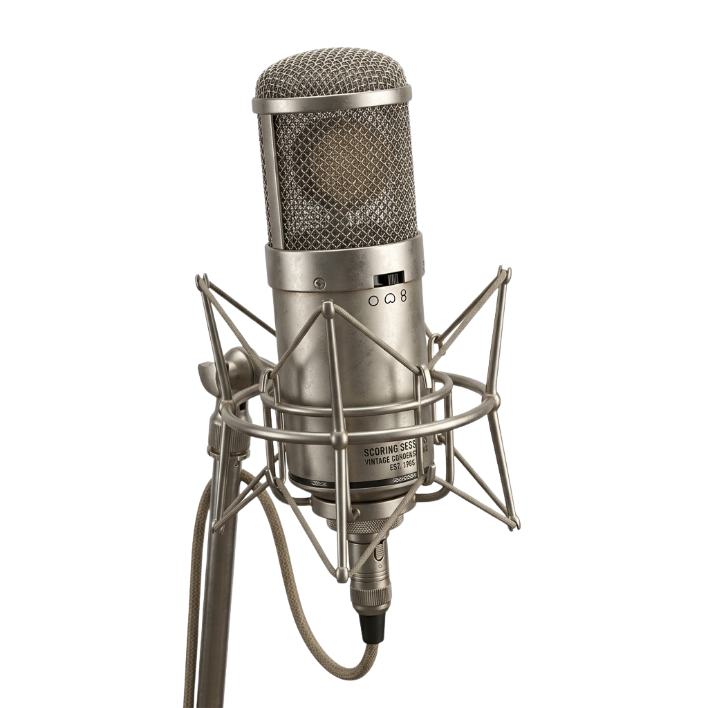 A vintage-style condenser microphone with a pop filter and shock mount on a black background