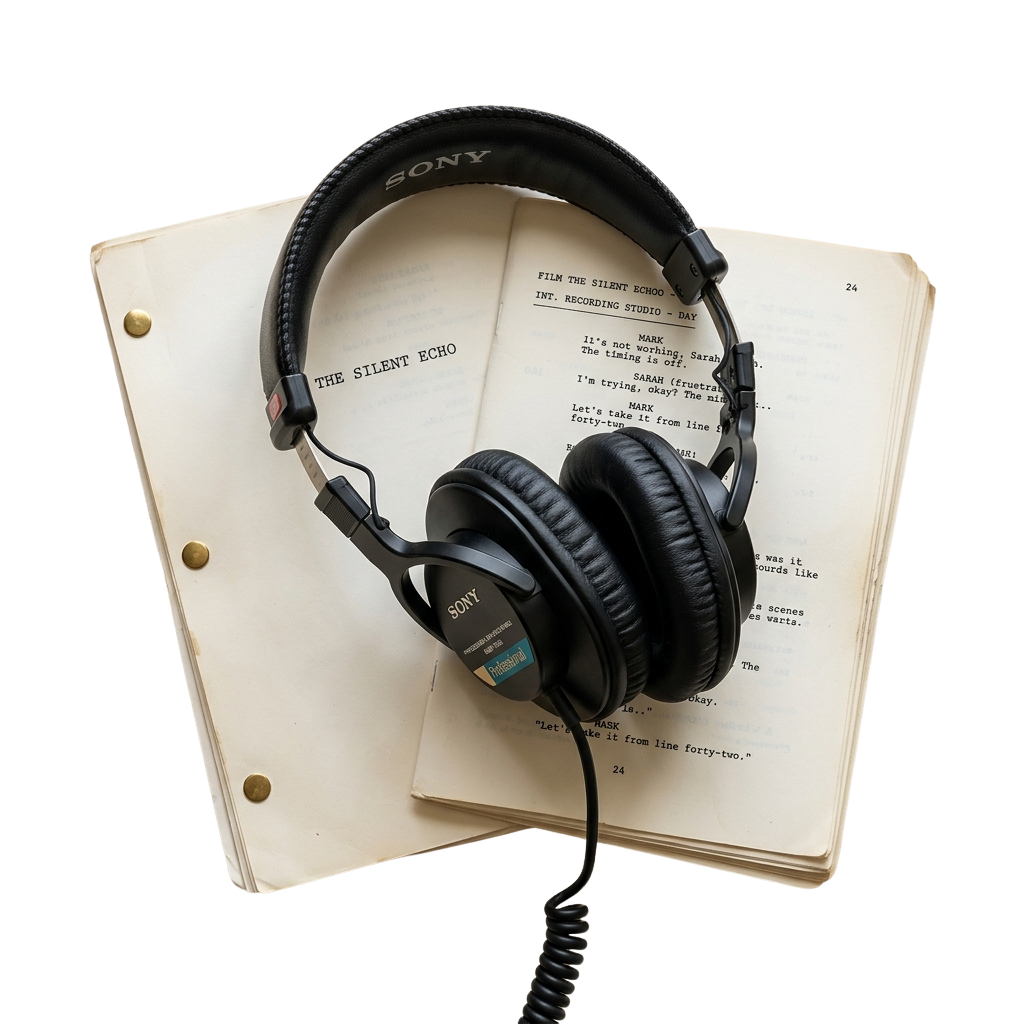 Black headphones resting on an open book with visible script titled The Silent Echo