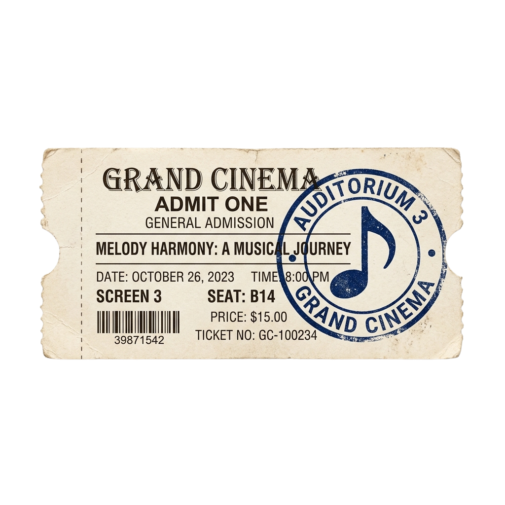 Old-style movie ticket for Melody Harmony musical event at Grand Cinema on October 26, 2023, Screen 3, Seat B14