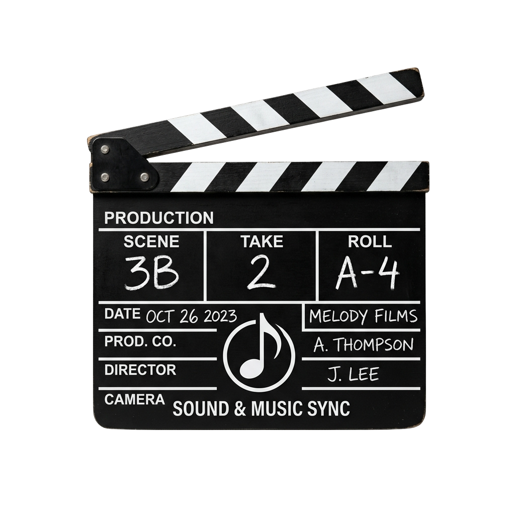 Black and white film clapperboard displaying scene 3B, take 2, roll A-4 with music sync symbol