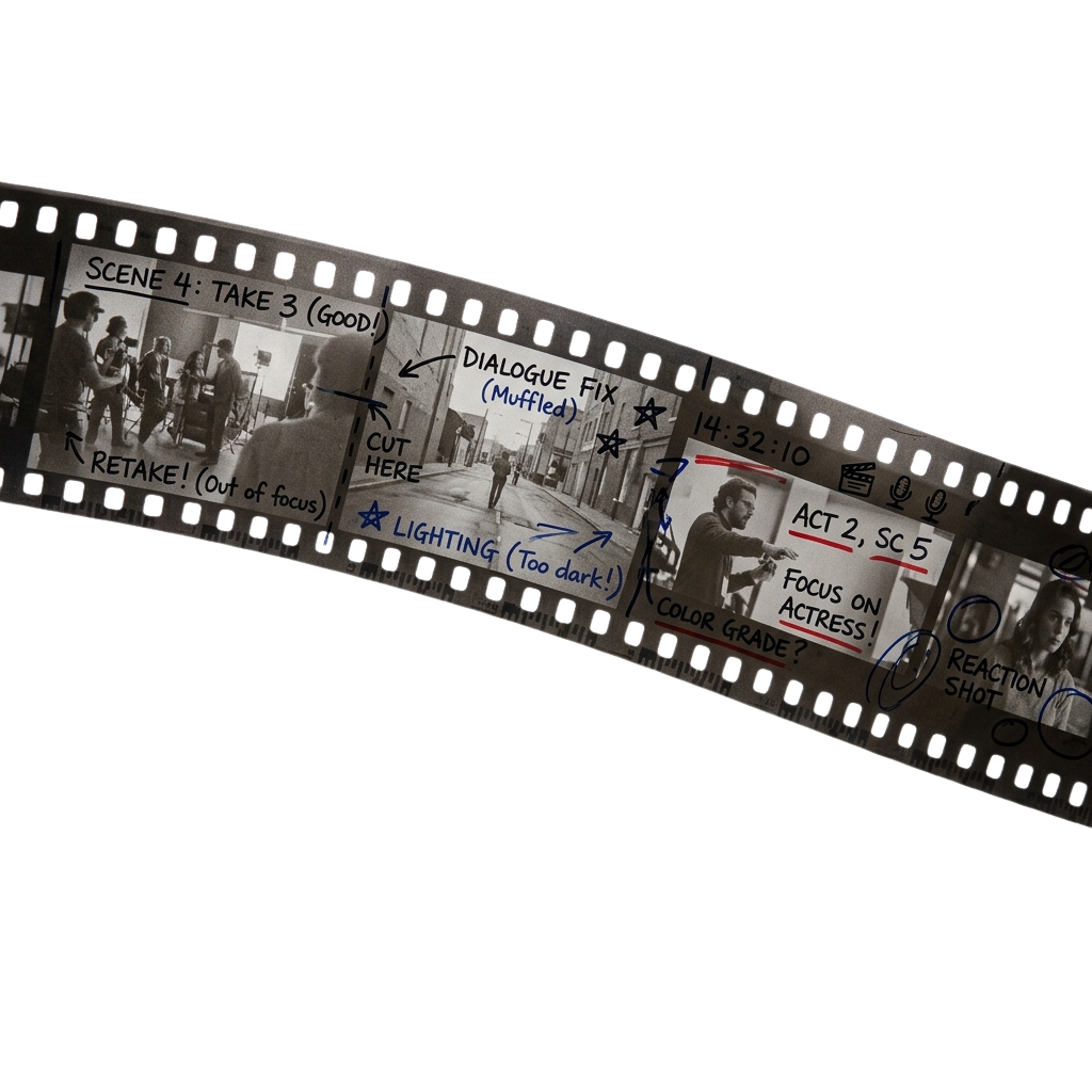 Black and white film strip showing editing notes and director feedback on different scenes.