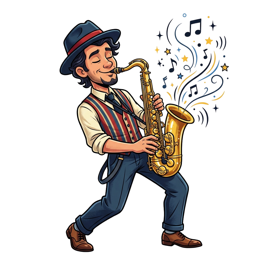 Illustration of a smiling man in a hat playing a golden saxophone with musical notes and stars bursting from it