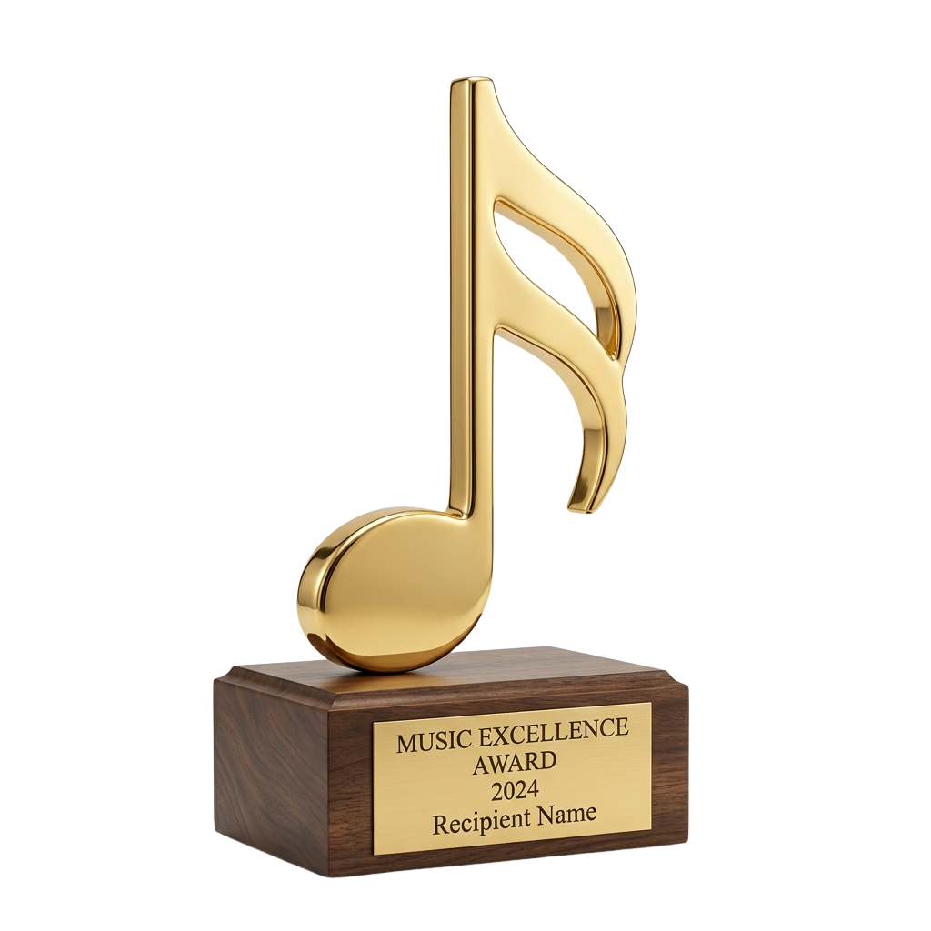 Gold musical note trophy on a wooden base labeled Music Excellence Award 2024