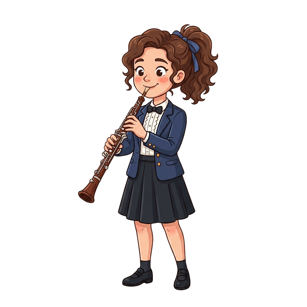 A cartoon girl wearing a school uniform playing a clarinet with a cheerful expression