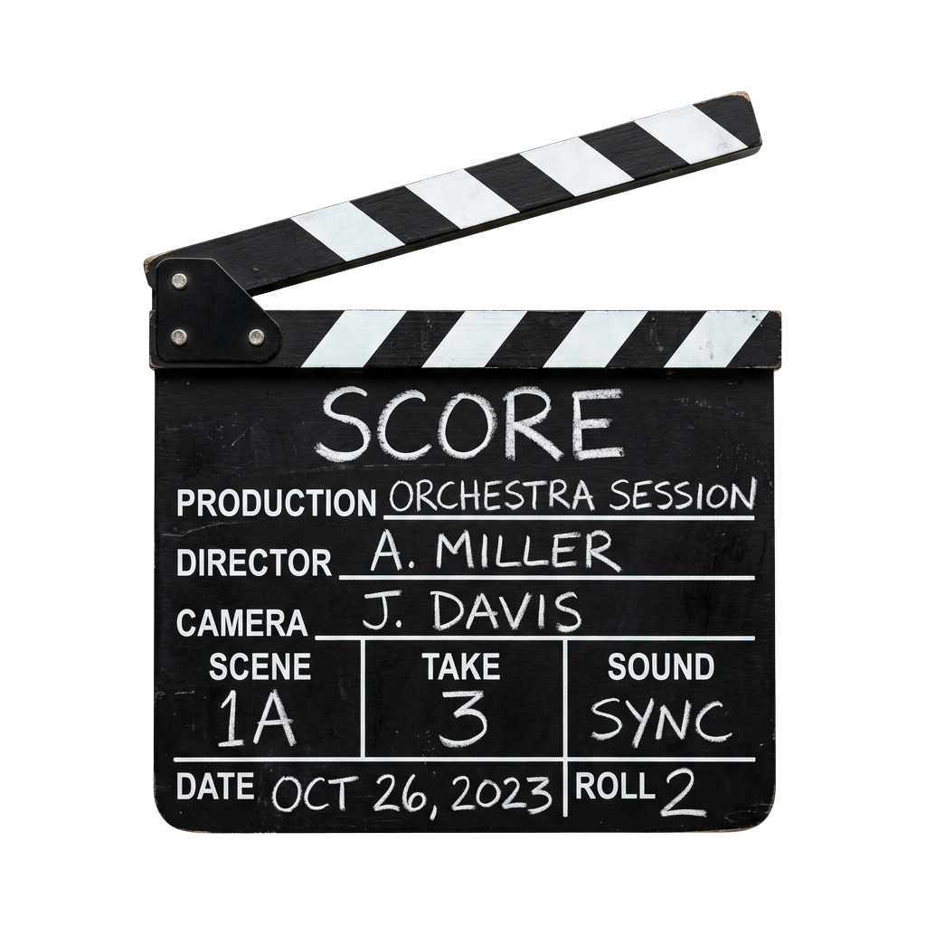 Black and white film clapperboard displaying score production session details with scene, take, and date information