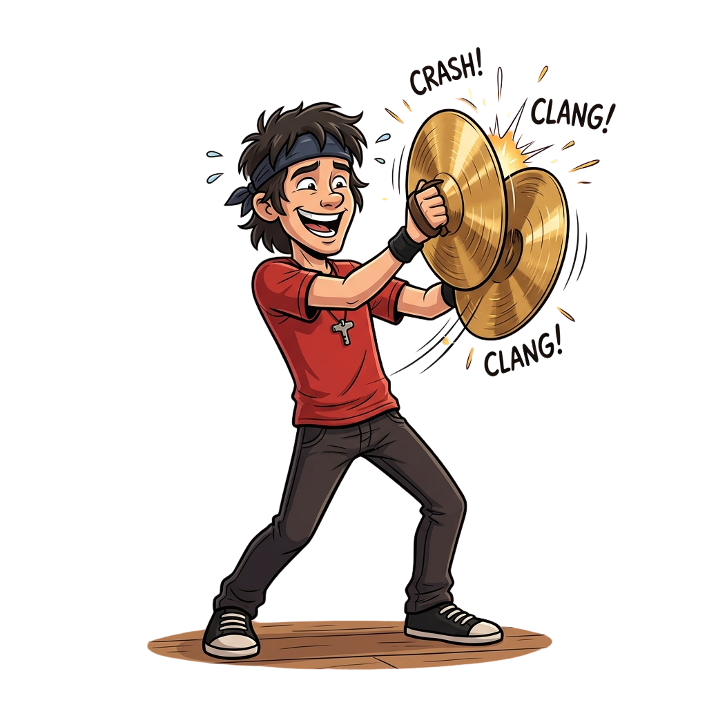 Animated character happily crashing a large cymbal with a big smile