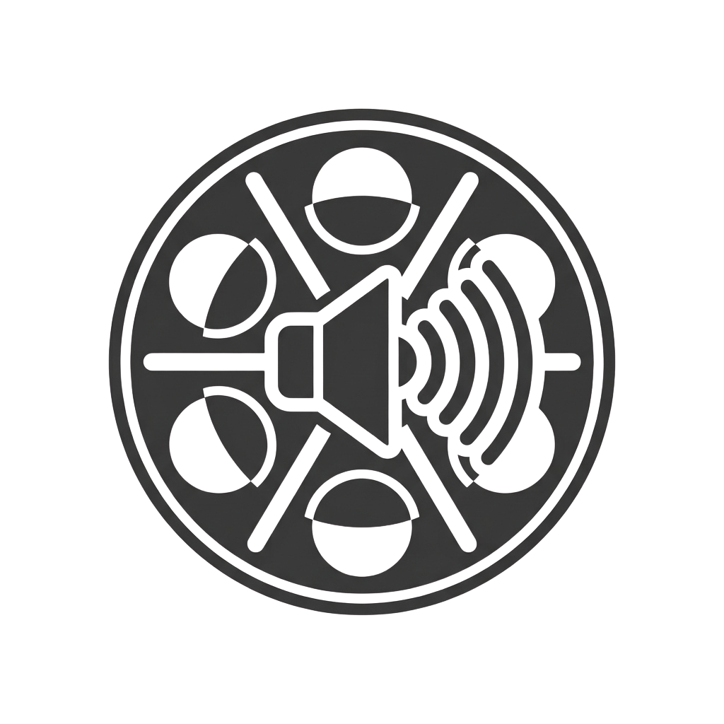 Circular icon featuring abstract symbols for media, sound, and communication