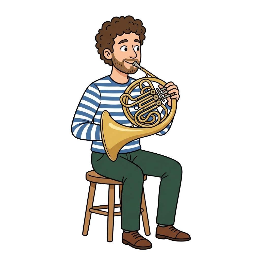 Illustration of a smiling man playing a French horn while seated on a stool