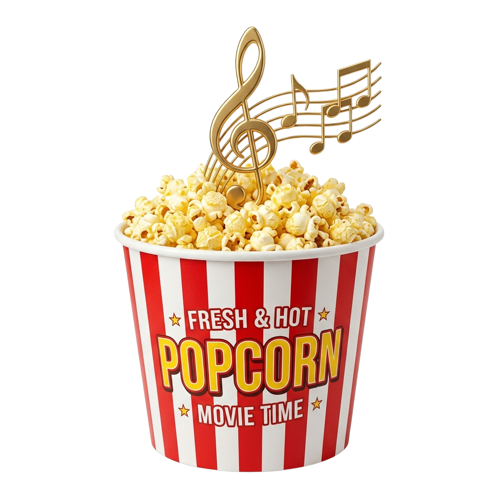 A popcorn bucket labeled fresh and hot popcorn movie time with a golden musical note on top