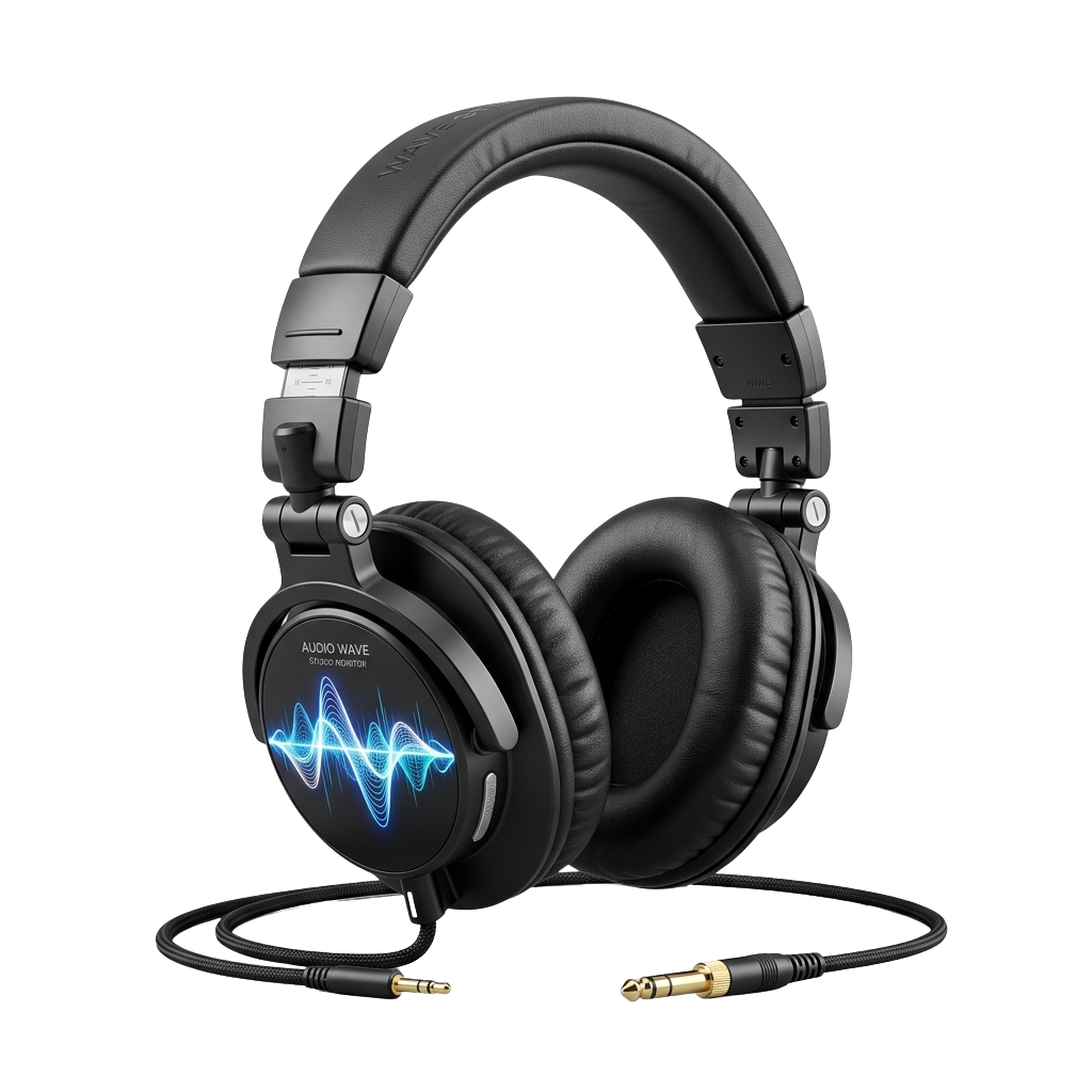 Black studio monitor headphones with blue sound wave graphic on the ear cup and a coiled cord with gold connectors
