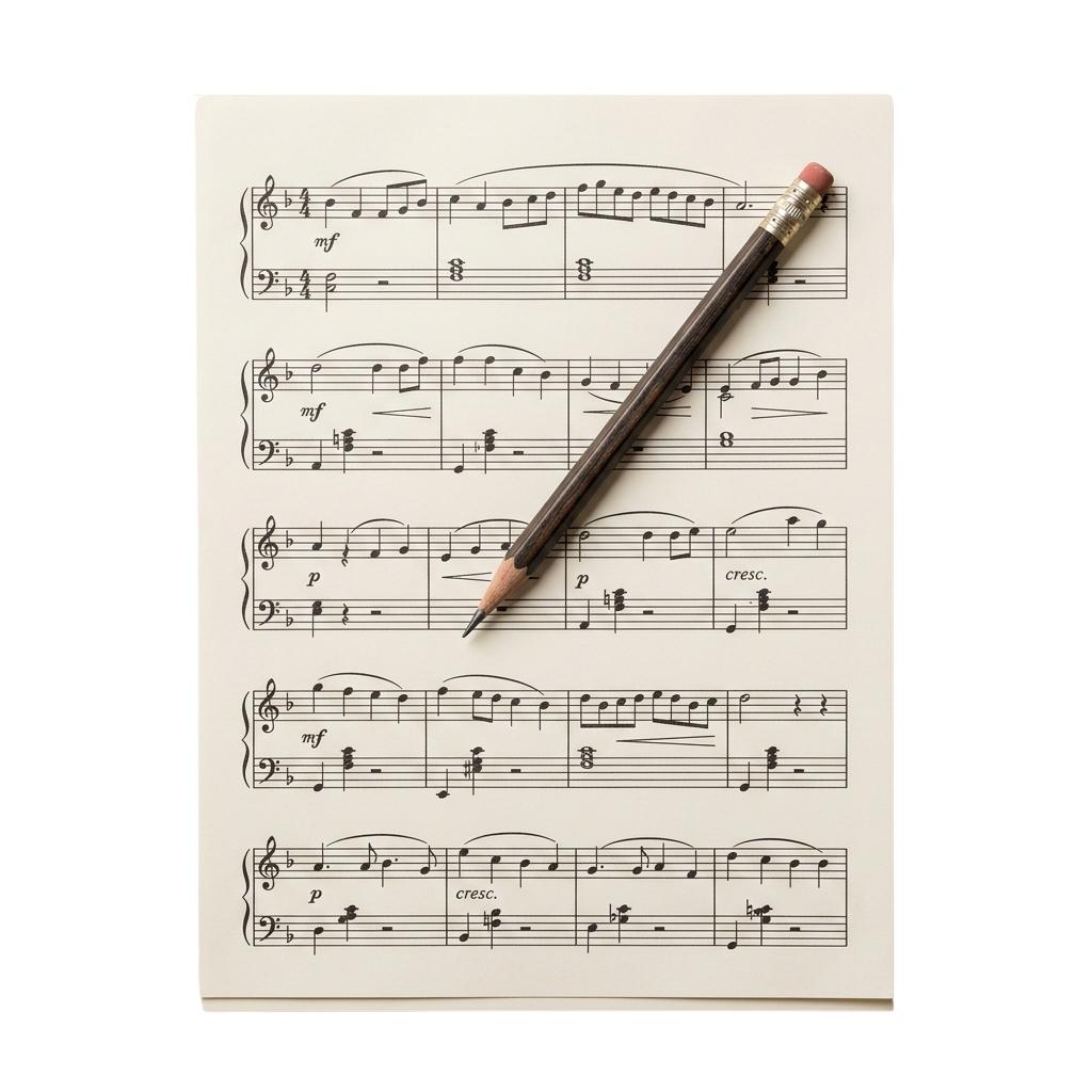 Sheet music with a pencil resting diagonally across it on a white background