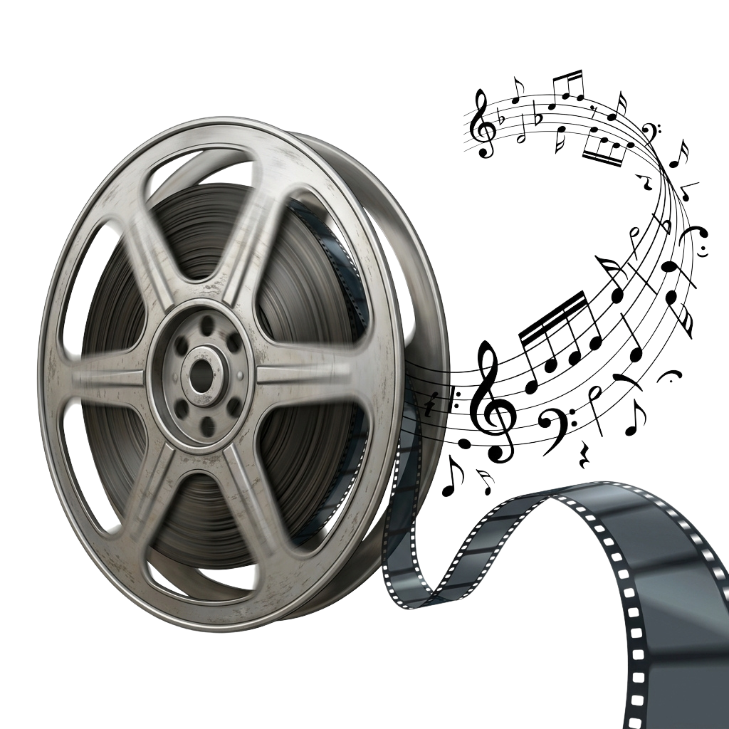 A metallic film reel with a spool of film and musical sheet notes floating beside it