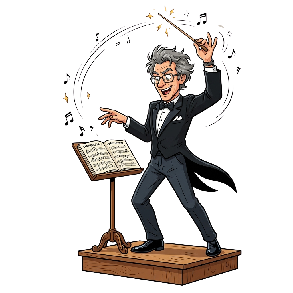 A cheerful conductor in formal attire stands on a podium, conducting an orchestra with sheet music open in front of him.