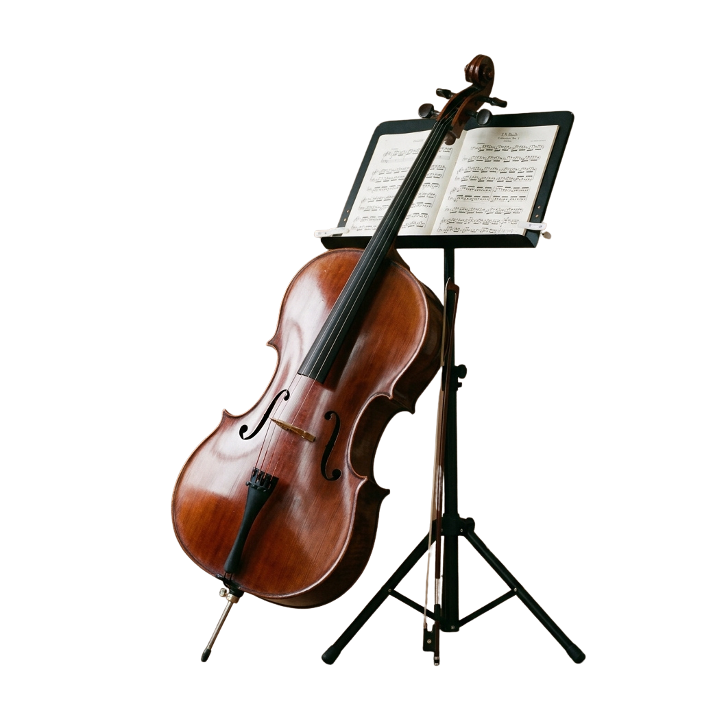 A cello positioned upright next to a music stand holding sheet music