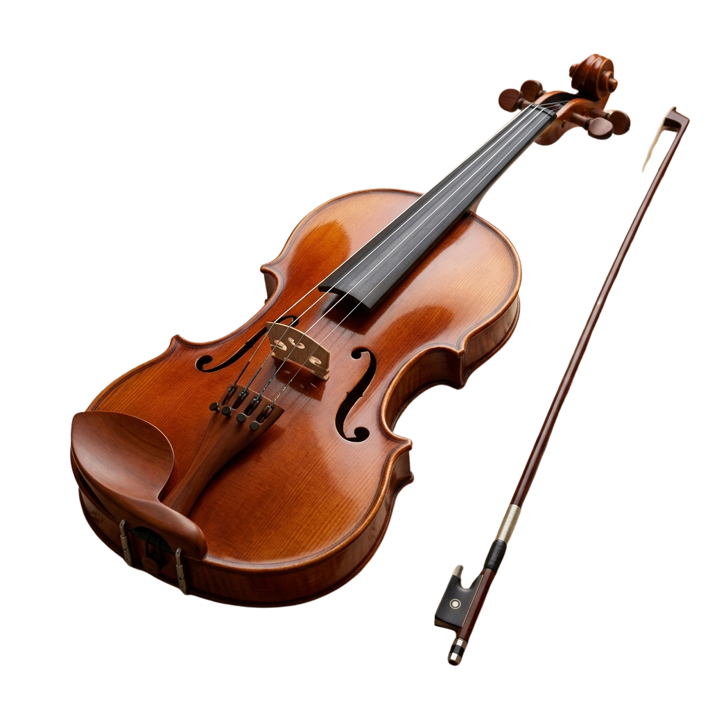 A polished violin with a wooden bow resting on a dark background
