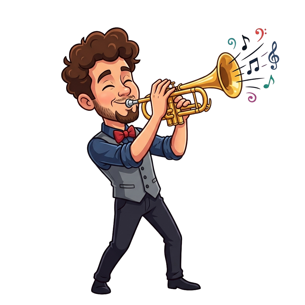 Animated character in suit playing a trumpet with colorful musical notes floating from the instrument