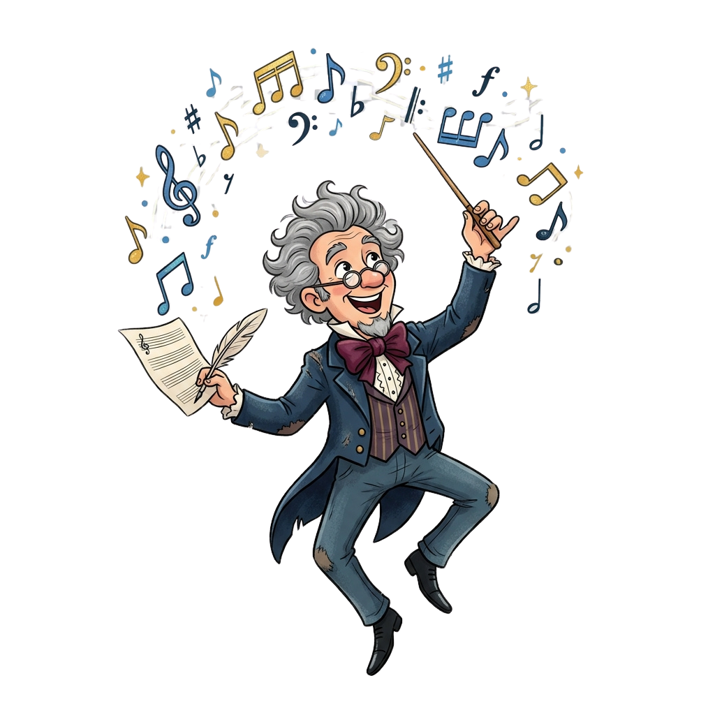 A cheerful elderly man in formal attire conducts music with a baton while holding a quill and sheet of music, surrounded by musical notes and symbols.