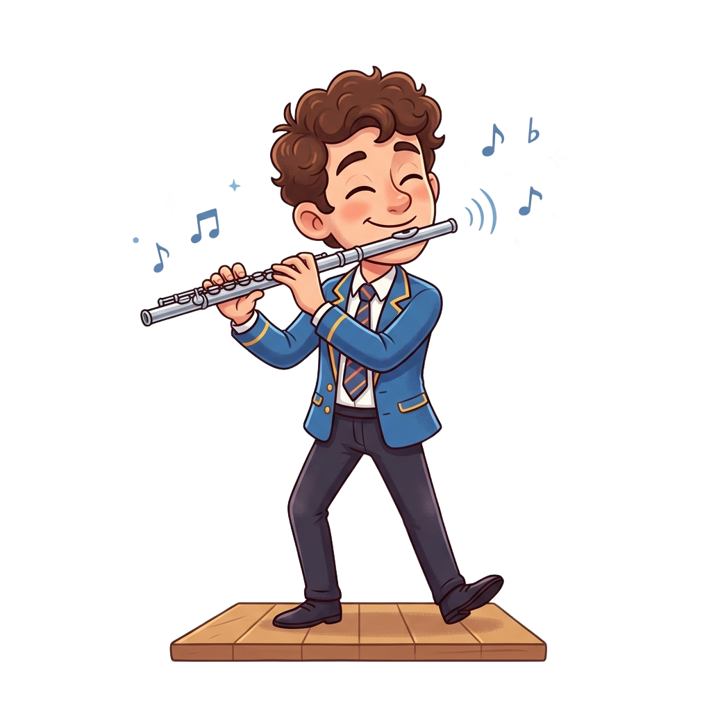 A cheerful cartoon boy in a suit playing a flute with musical notes floating around him