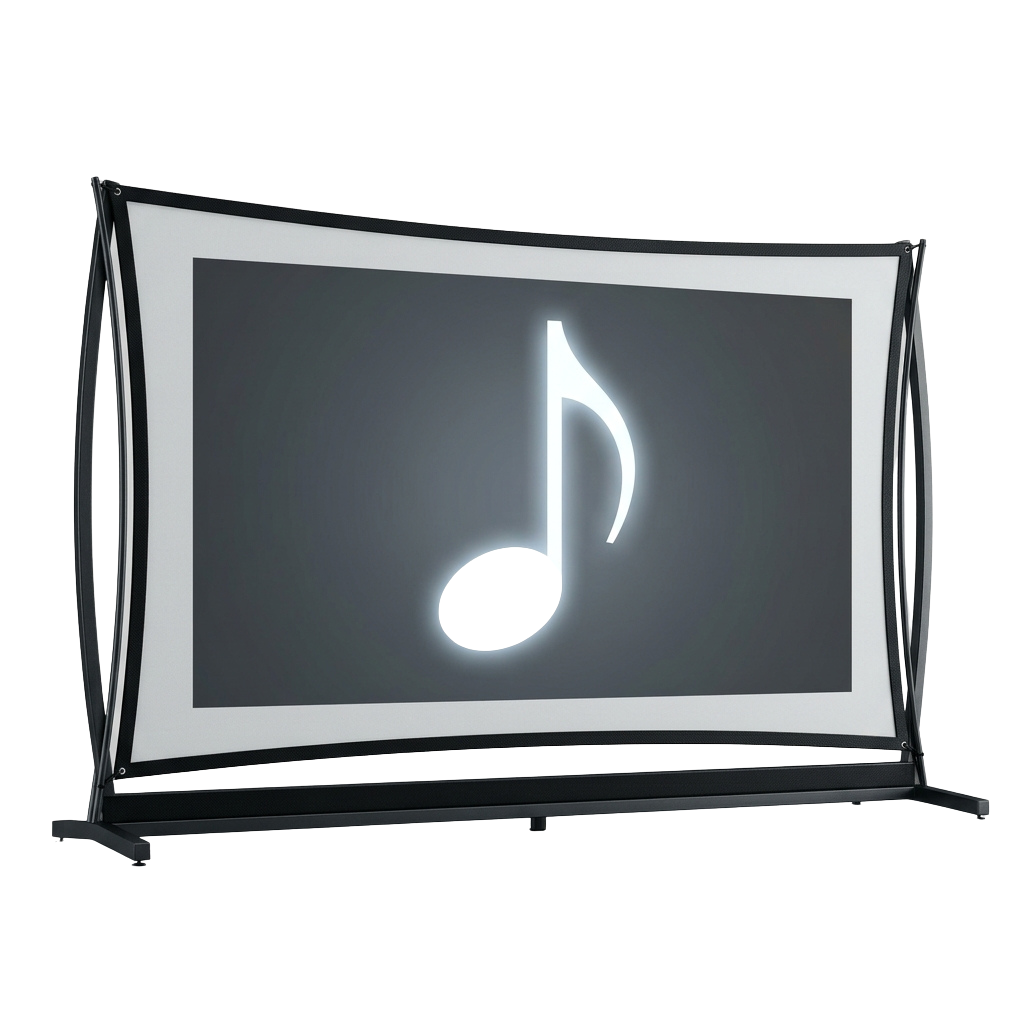 A sleek curved screen displaying a glowing white music note symbol on a dark gradient background.