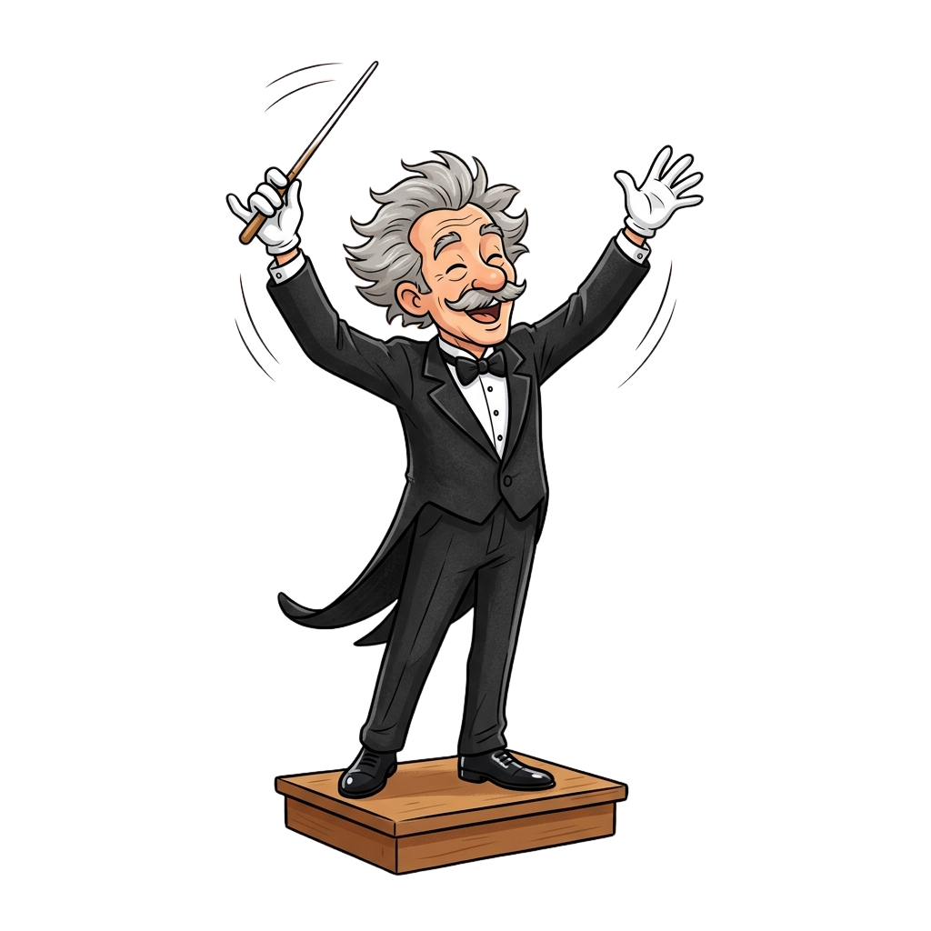 Illustration of a cartoon scientist in a tuxedo conducting with arms raised, holding a baton, standing on a pedestal