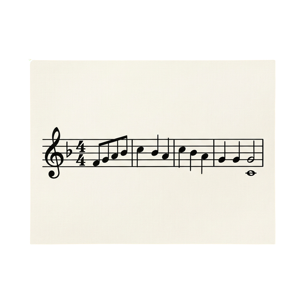 Black and white sheet music showing a short melody in G minor with quarter notes and a time signature of four-four