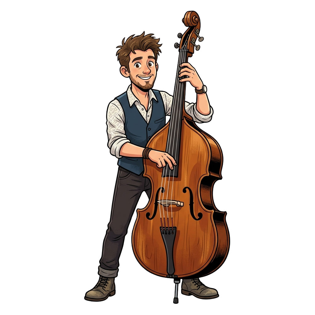 Illustration of a smiling man holding and playing an upright cello against a black background