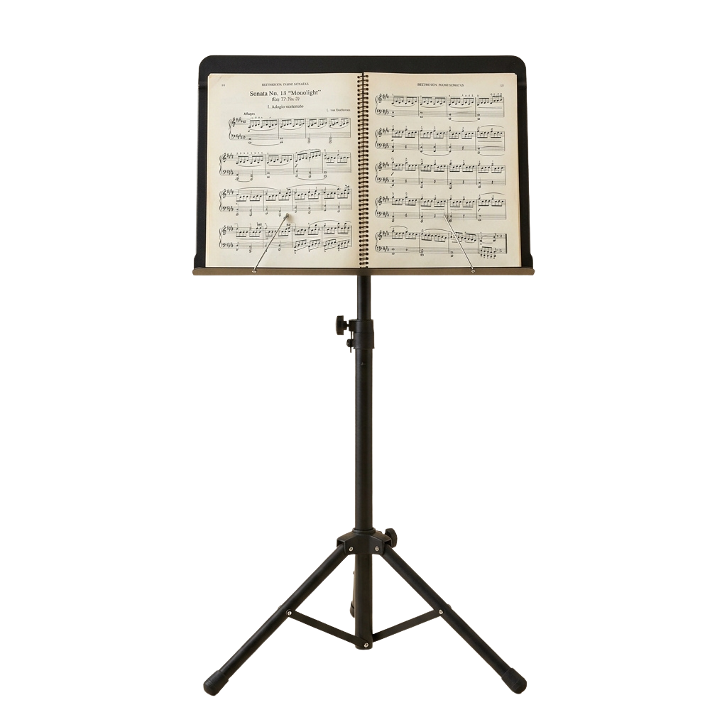 A music stand holding open sheet music for piano, displayed against a black background