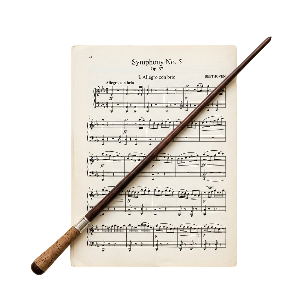 Sheet music of Beethoven Symphony No 5 with a conductor baton placed diagonally across it